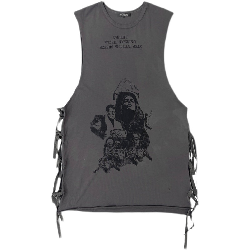 Raf Simons Men's Women's Spring Summer Religious Printed Washed Aged Tied Sleeveless Vest High Street Trend Sleeveless T-Shirt Ngvp #1654
