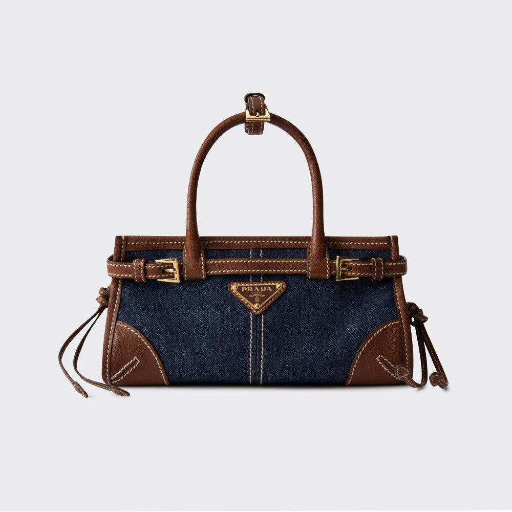 PRADA Women's Bonnie French Triangle Metal Logo Classic Versatile Mixed Materials Handbag Mini Women's Blue And Brown #332335