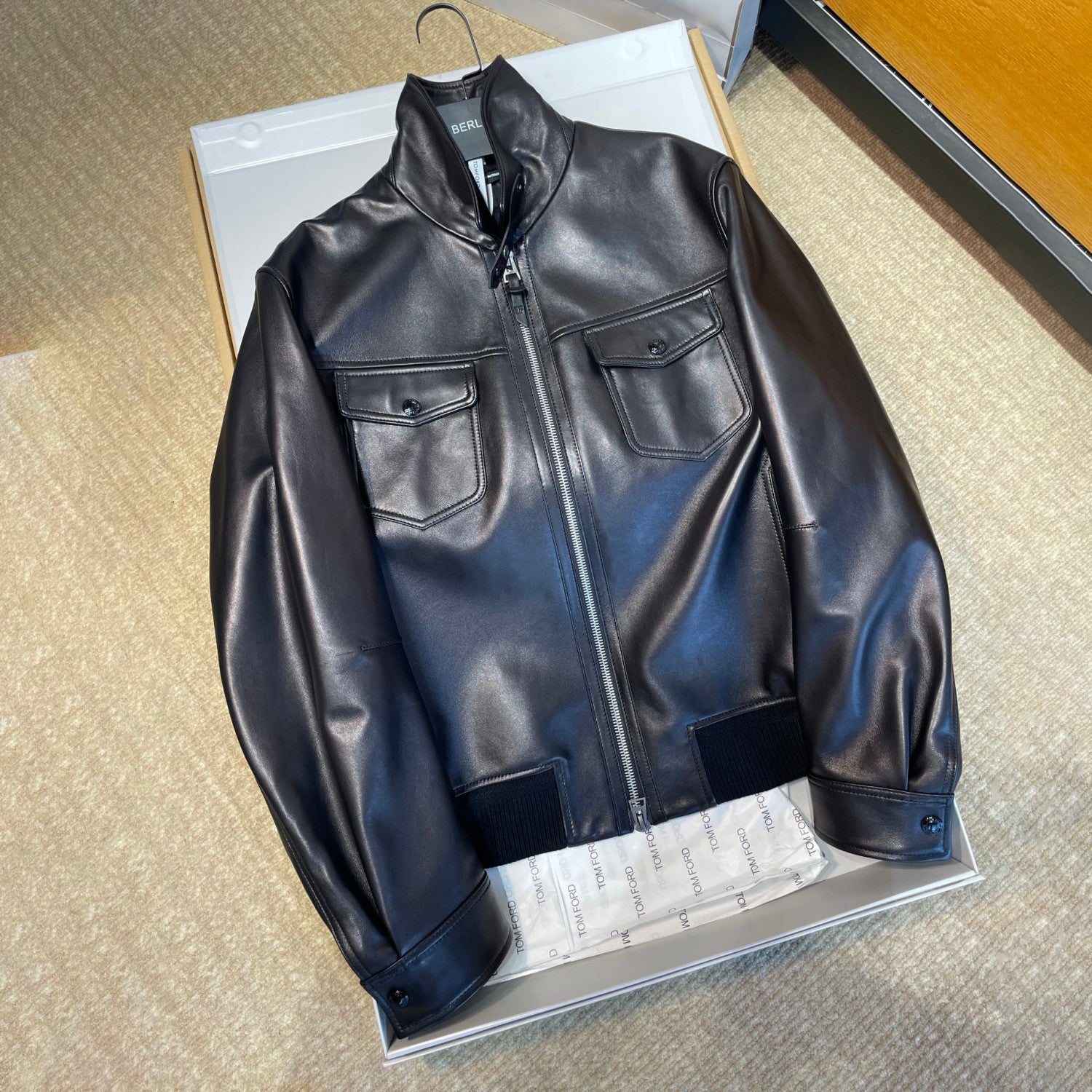 Tom Ford Men's Fall/Winter Fashion Casual Solid Color Collared Zipper Leather Motorcycle Jacket #79165