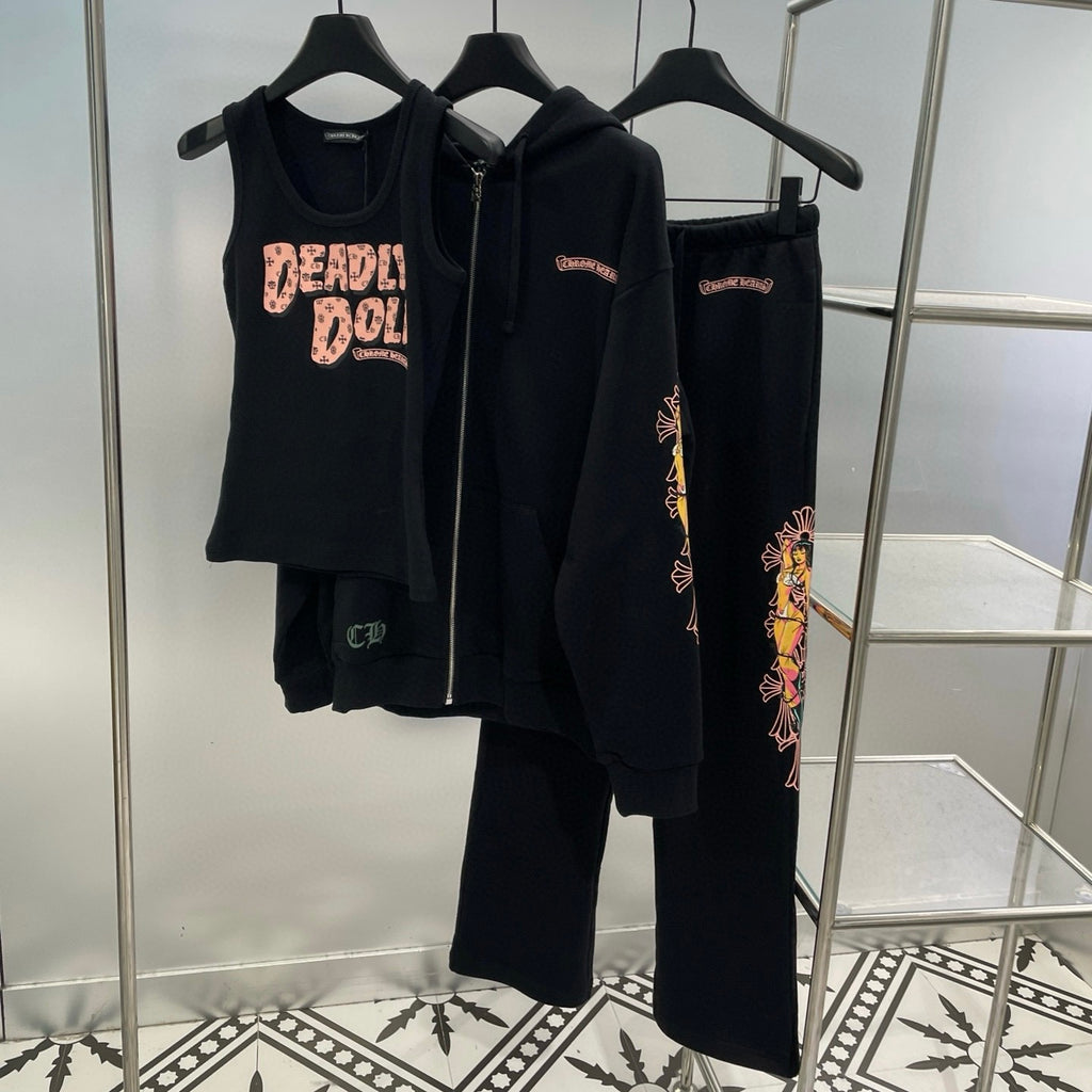 Chrome Hearts Men's And Women's Fall/Winter Fan Cross Graffiti Print Black Hooded Zipper Jacket Knit Vest Stretch Sweatpants Pants Set Suit #98138