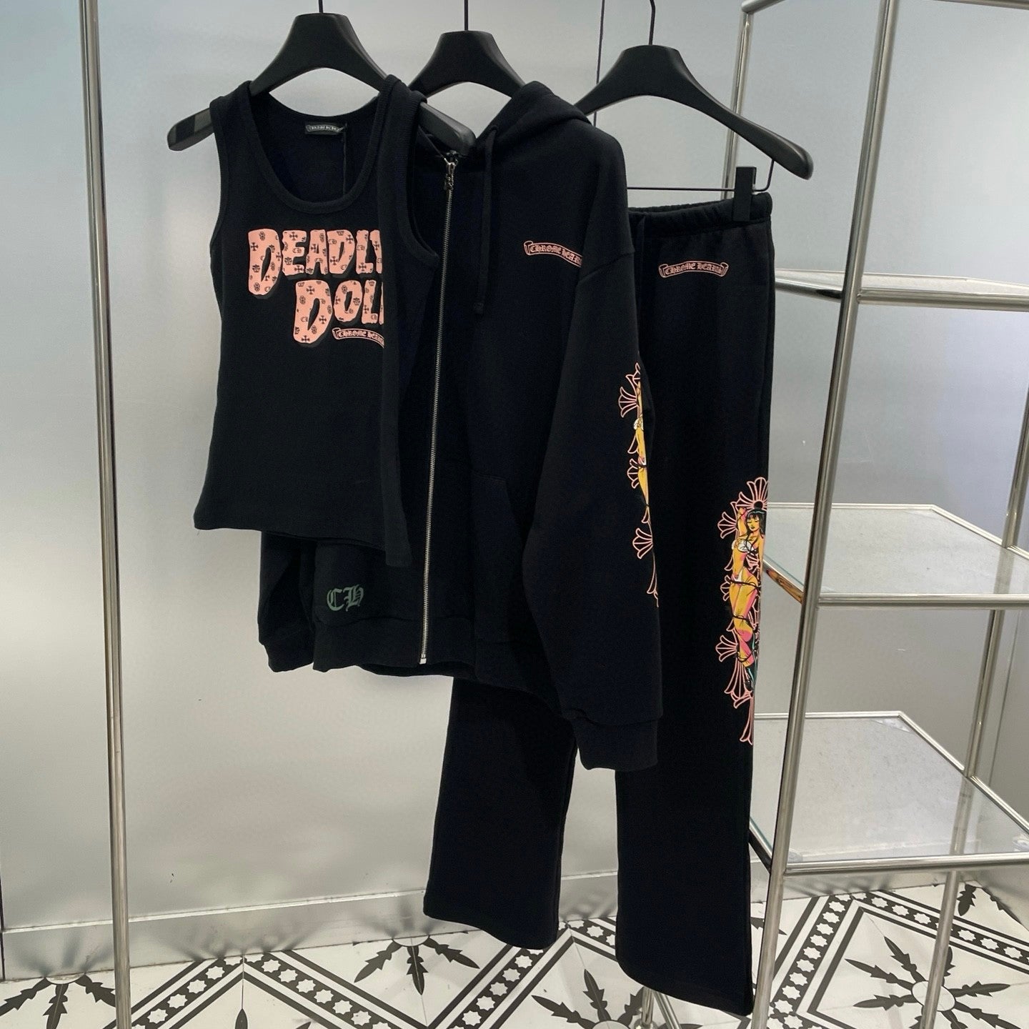 Chrome Hearts Men's And Women's Fall/Winter Fan Cross Graffiti Print Black Hooded Zipper Jacket Knit Vest Stretch Sweatpants Pants Set Suit #98138