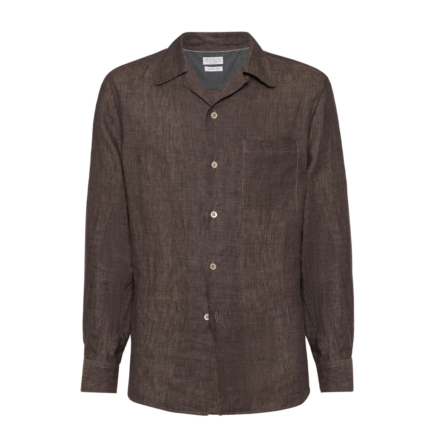 Brunello Cucinelli Men's Linen Easy Fit Shirt with Camp Collar and Chest Pocket Spring And Autumn Solid Color Long Sleeve Top Ngvp #1455
