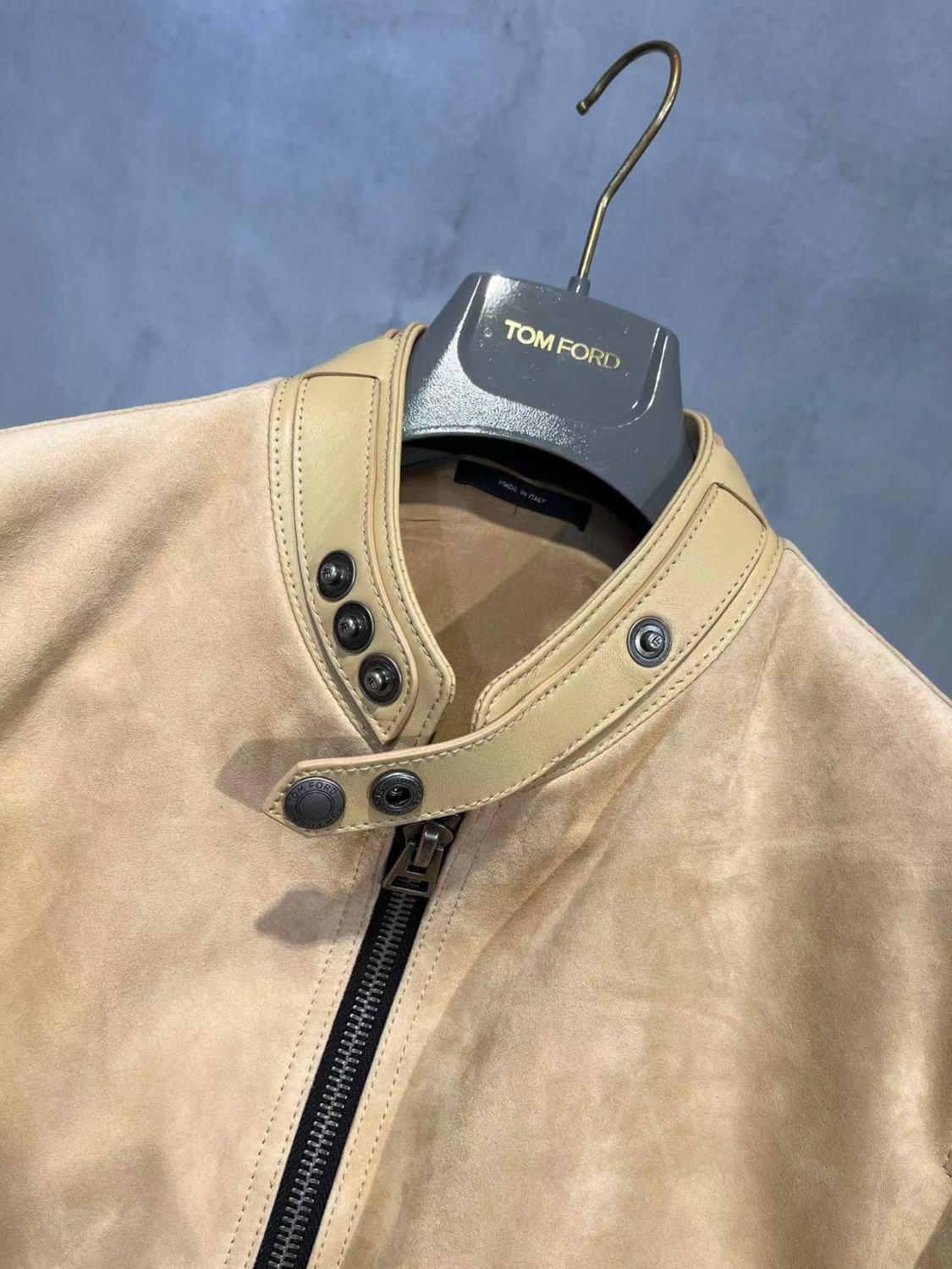 Tom Ford Men's Winter Khaki Stand Collar Zipper Long Sleeve Regular Fit Suede Pilot Jacket #98472