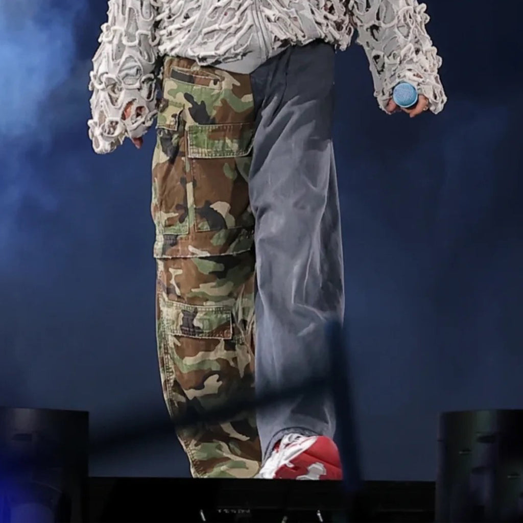 Balenciaga Men's Four Seasons Vintage Washed Camouflage Splicing Frayed Jeans Fashion High Street Straight Wide Leg Work Pants Ngvp #9121