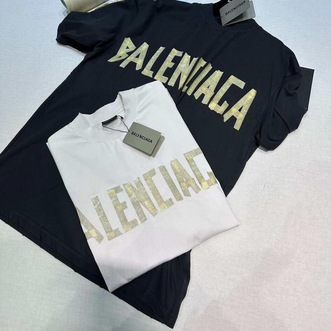 Balenciaga Men's and Women's Tape Type T-Shirt Medium Fit In Faded Letter Print Round Neck Loose Fit Short Sleeve T-Shirt #98566
