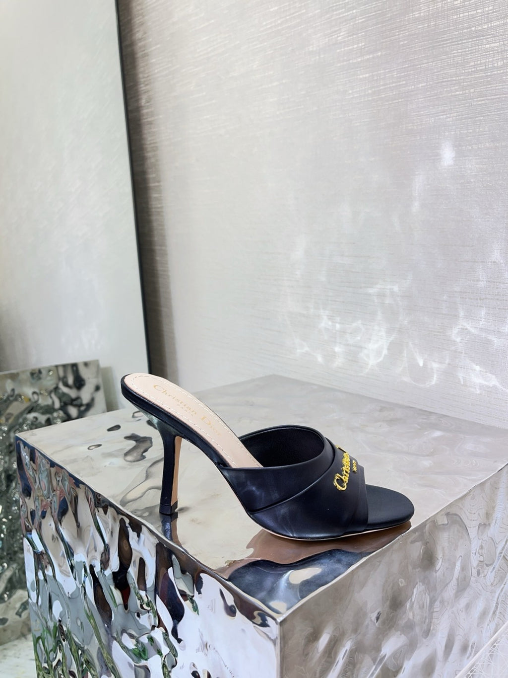 My Dior Heeled Slide Women's Summer Gold Letter Print Solid Color Leather 10cm High Heel Sandals Shoes #77216