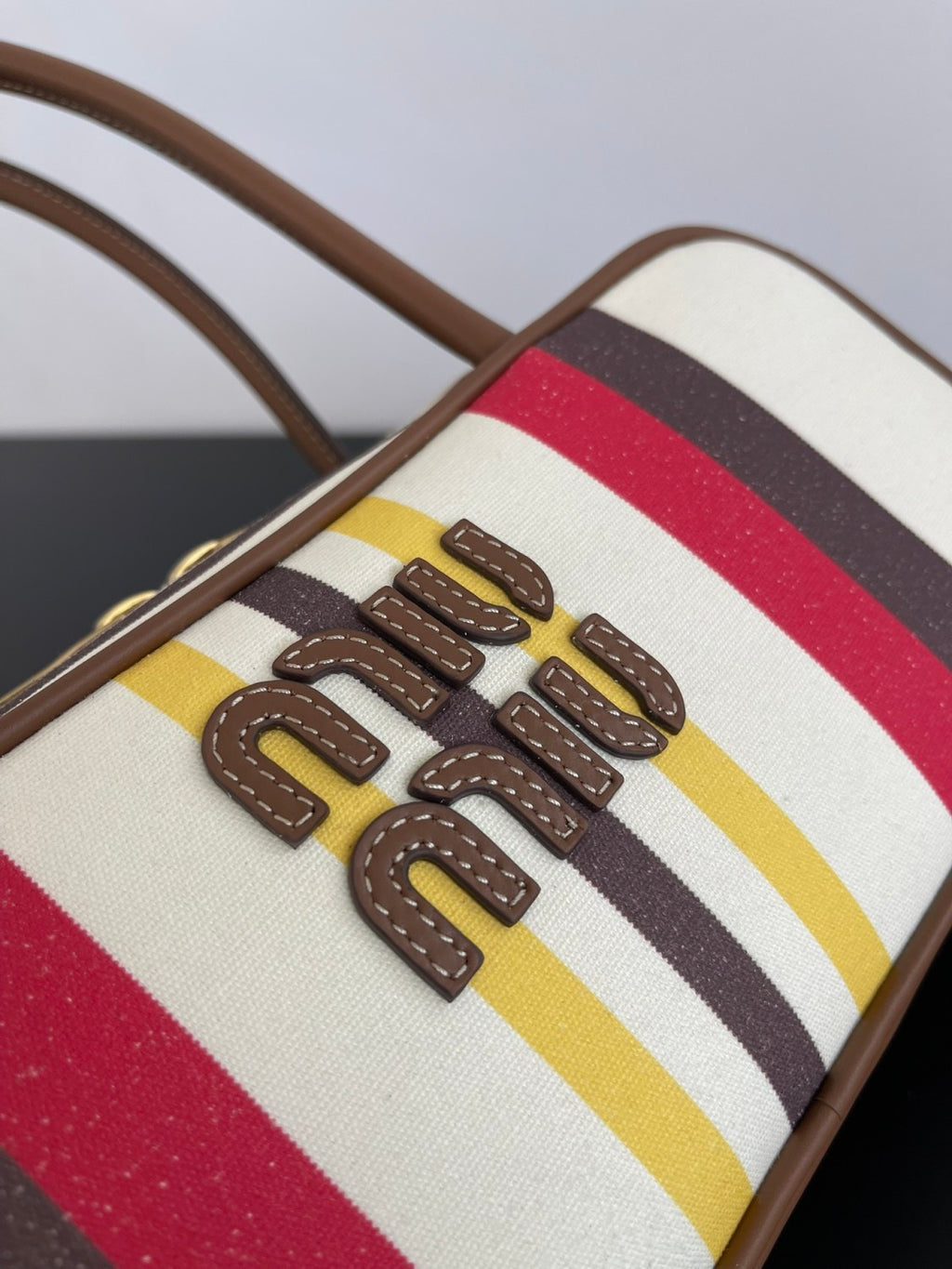 MiuMiu Beau Women's Embroidered Logo Print Striped Canvas And Calfskin Handbag Shoulder Bag Bags #77932