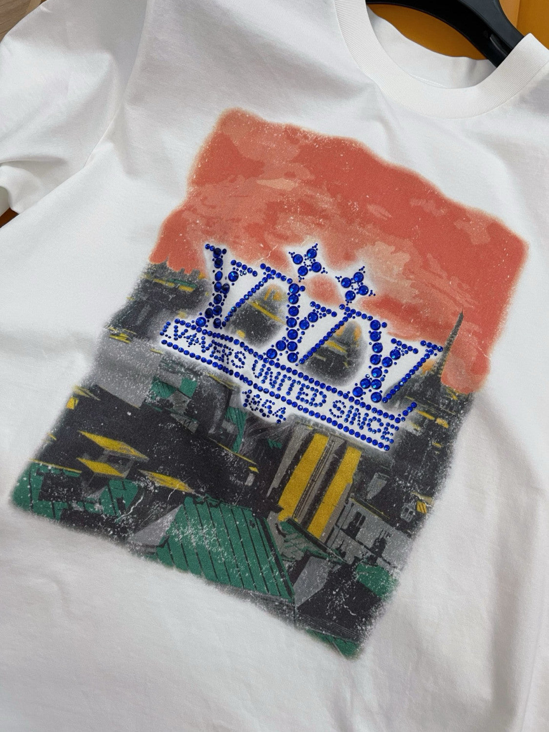 Louis Vuitton Men's Summer High Street Rhinestone Printed Solid Color Round Neck Cotton Straight Short Sleeve T-Shirt #81481