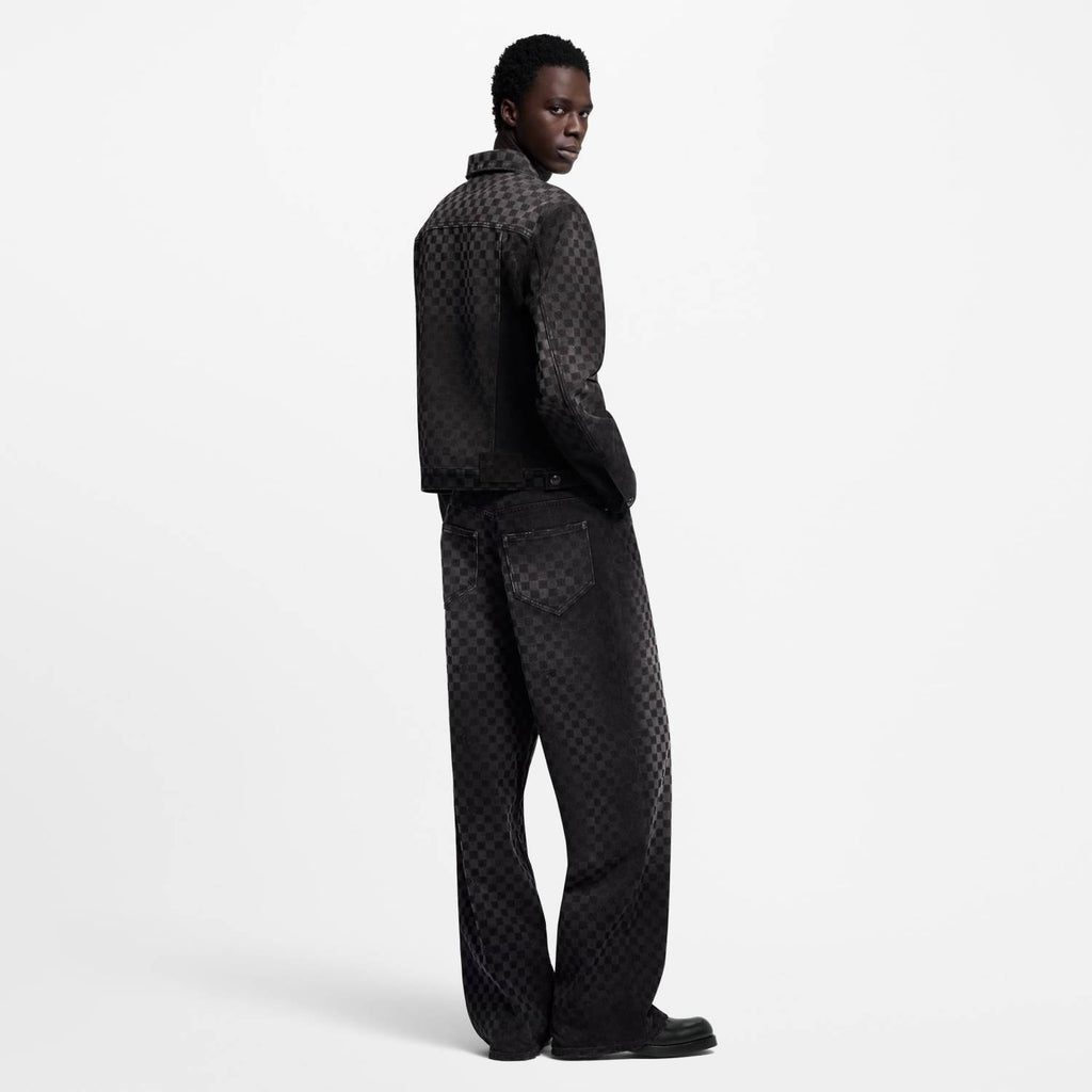 Louis Vuitton Men's Spring Autumn Black Checkered Damier Flocked Suit Lapel Single Breasted Long Sleeve Jacket Straight Wide Leg Trousers Suit Set #81138