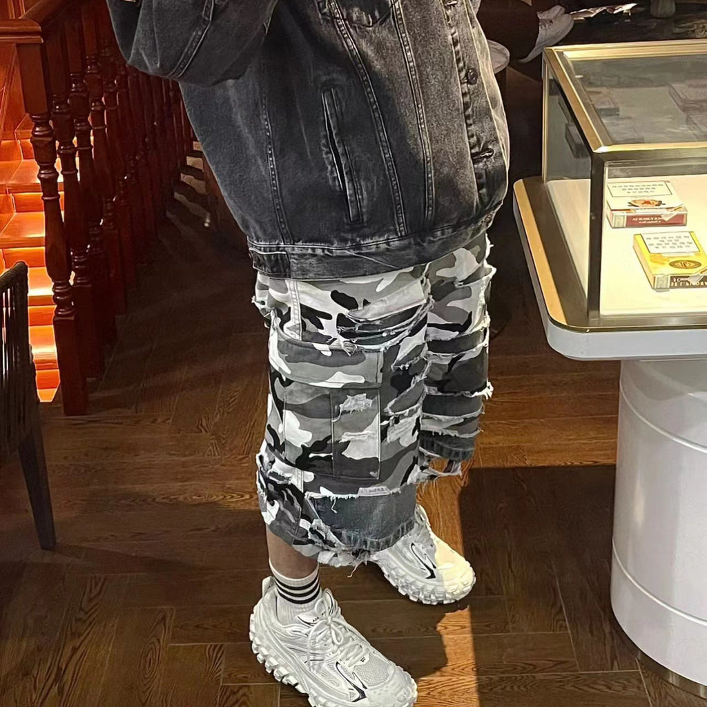 Balenciaga Men's And Women's Spring/summer Fashionable High Street Retro Distressed Camouflage Shorts Ngvp #5184