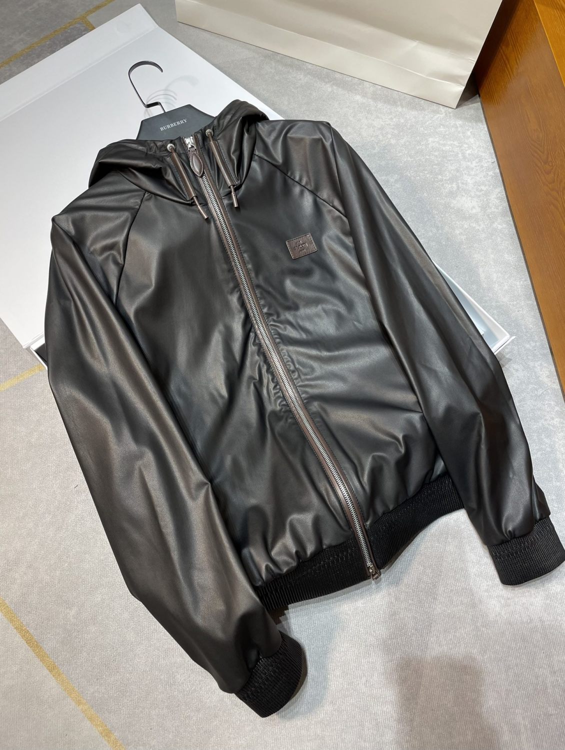 Berluti Men's Spring/autumn Fashion Casual Solid Color Zipper Leather Hooded Long Sleeve Jacket #78367