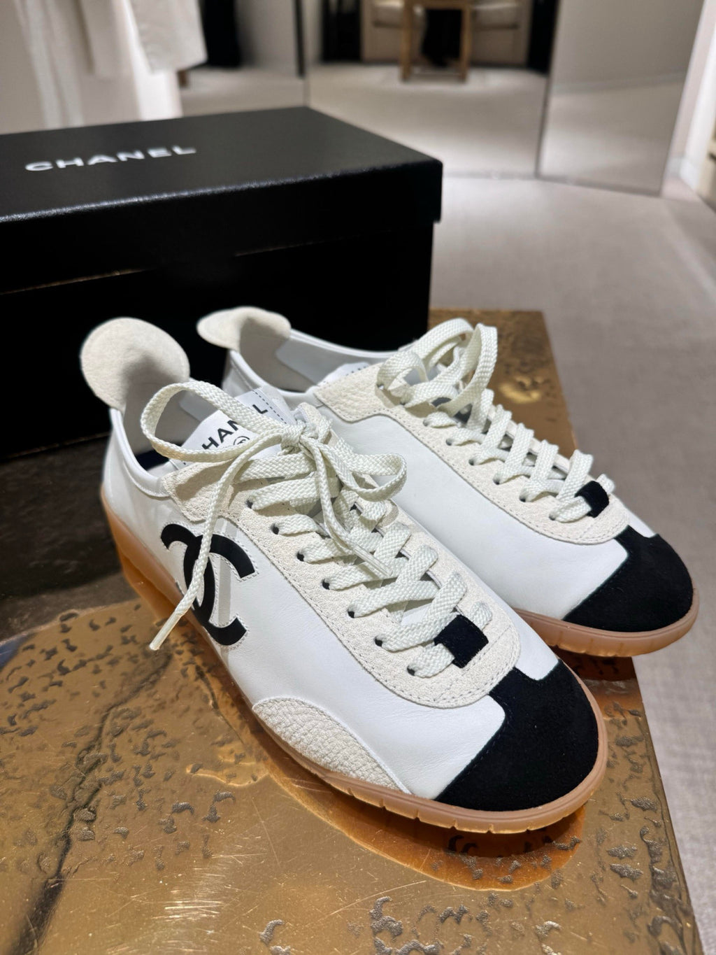 Chanel Sneakers Calfskin Embossed Suede Calfskin White Black #375474