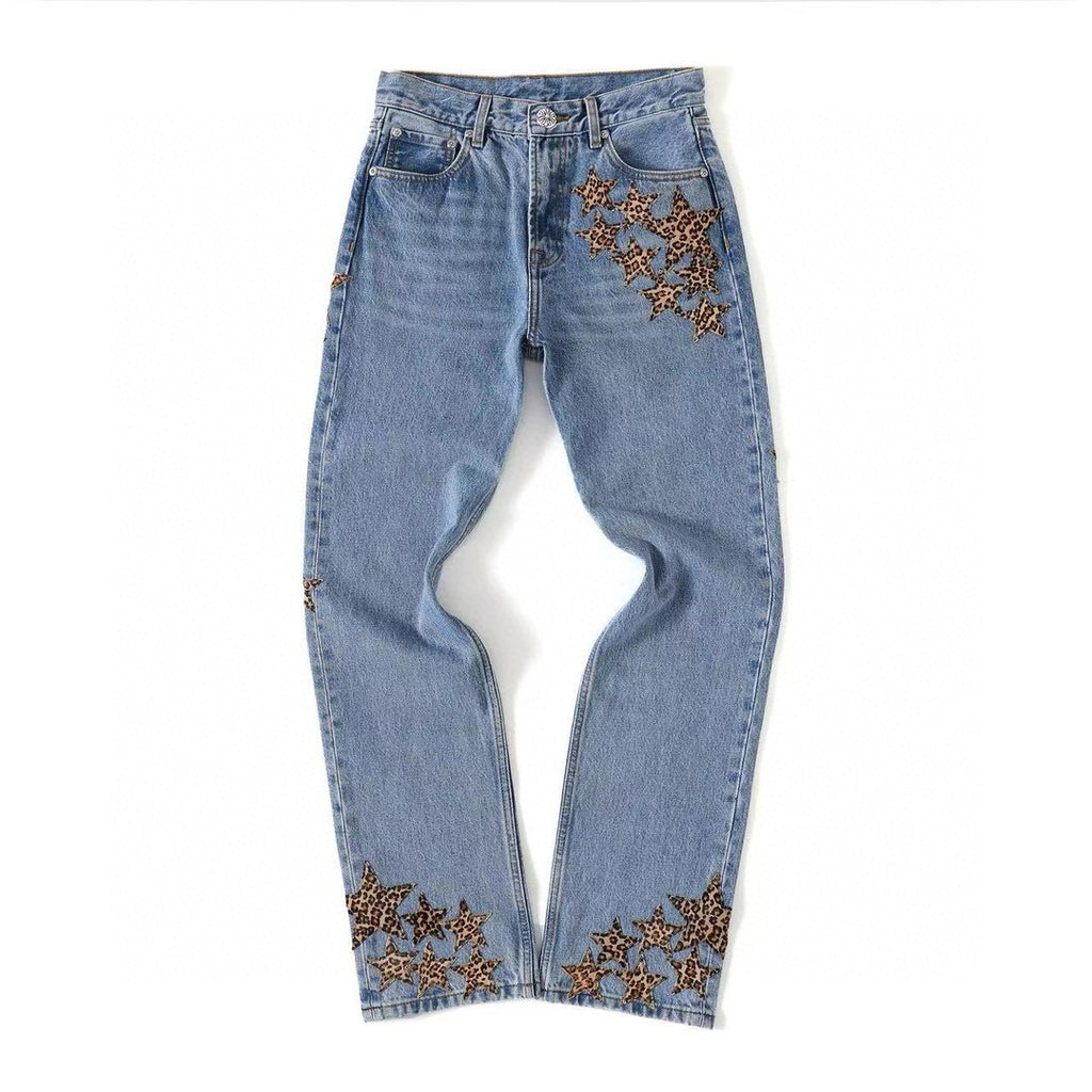 Chrome Hearts Men's Women's Spring/summer Leopard Pentagram Tannin Denim Metal Button Casual Straight Leg Pants Ngvp #7875