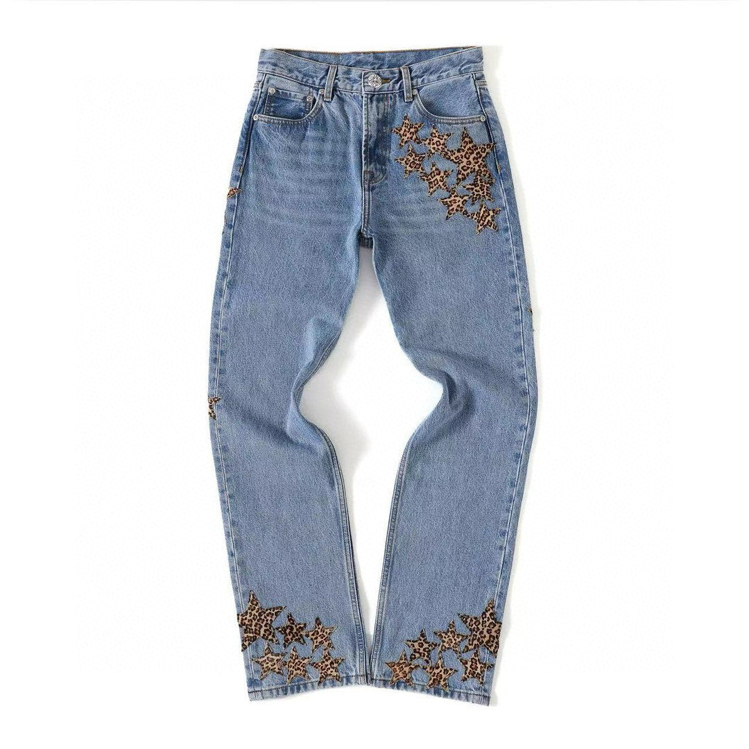 Chrome Hearts Men's Women's Spring/summer Leopard Pentagram Tannin Denim Metal Button Casual Straight Leg Pants Ngvp #7875