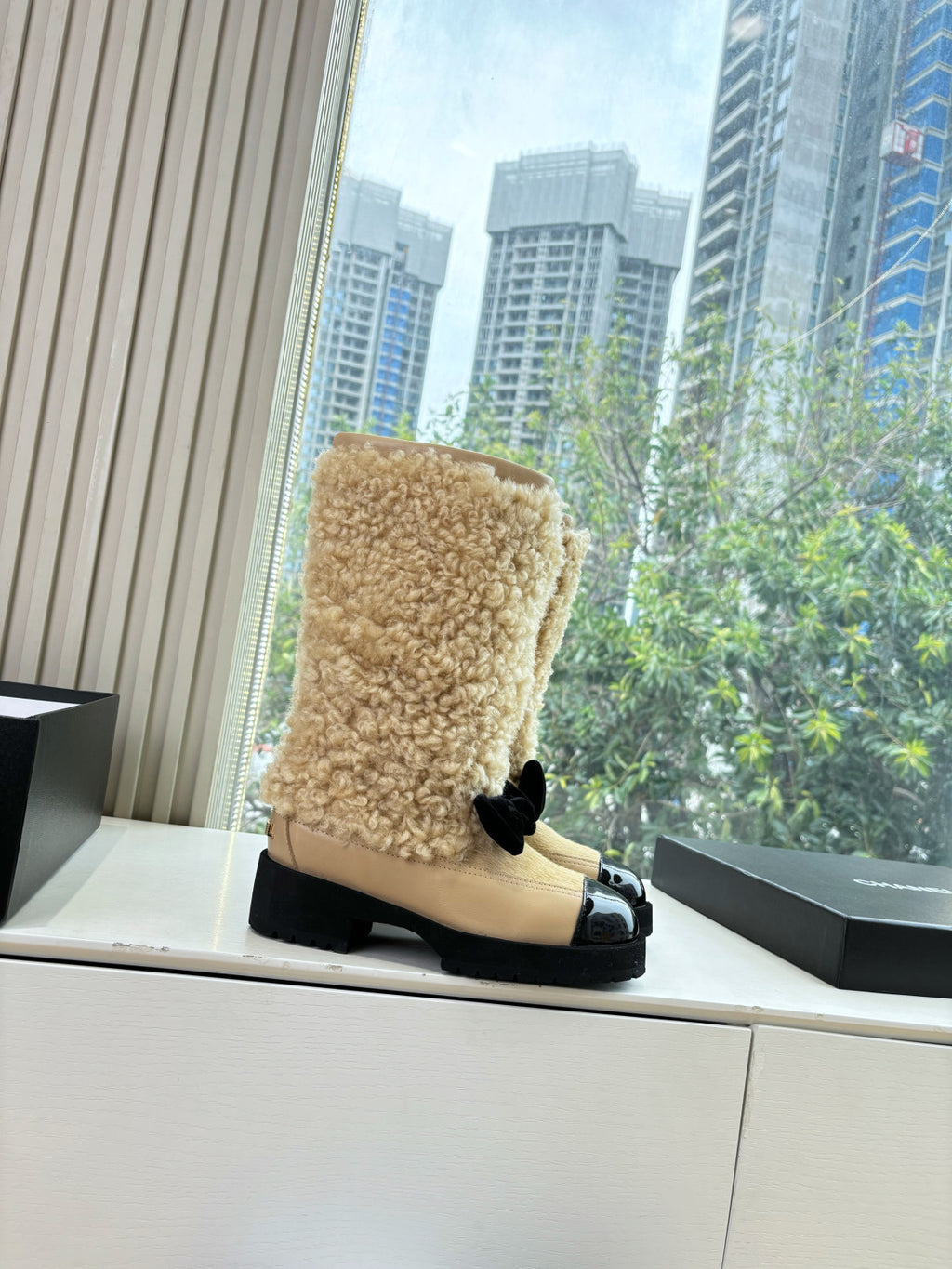 Chanel High Boots Shearling Lambskin Calfskin Lambskin Patent Calfskin Beige Black #334245