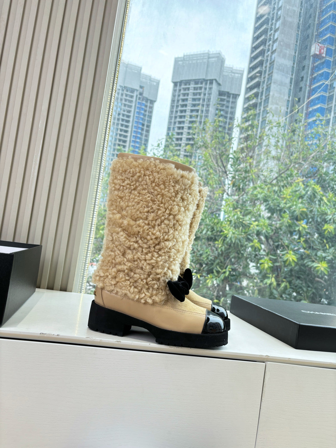 Chanel High Boots Shearling Lambskin Calfskin Lambskin Patent Calfskin Beige Black #334245