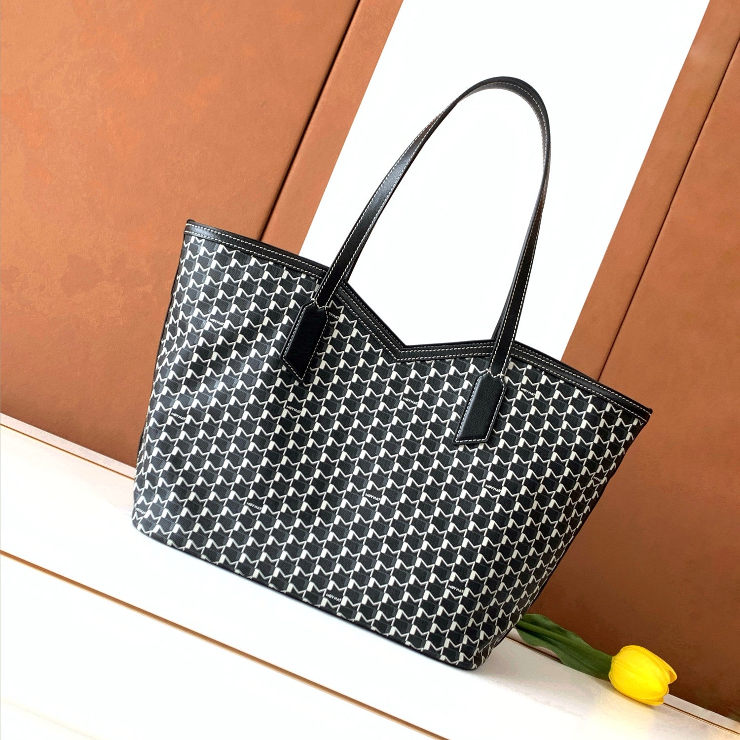 Moynat M Canvas Women's Classic Fashion Black And White Patchwork Canvas Tote Bag With Hook And Eye Closure Dual Use Handles And Shoulder Strap Bag Bags #78711