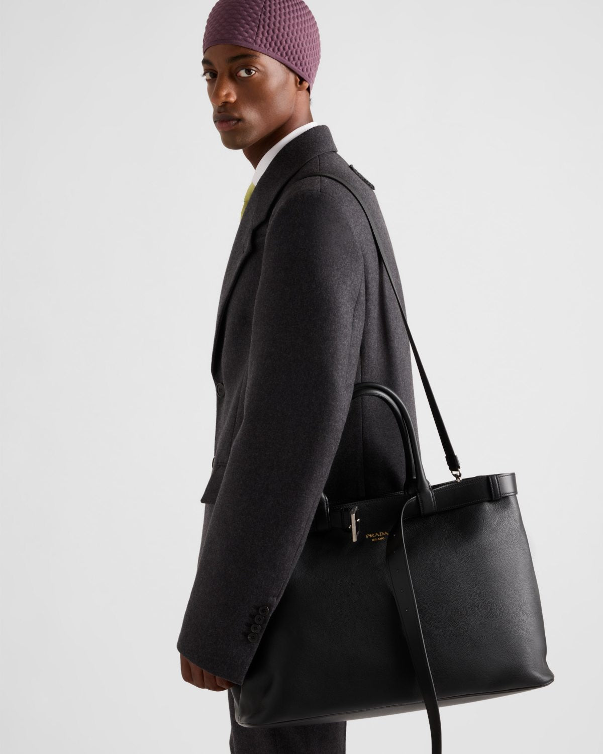PRADA Black Prada Buckle Leather Bag With Belt #334235