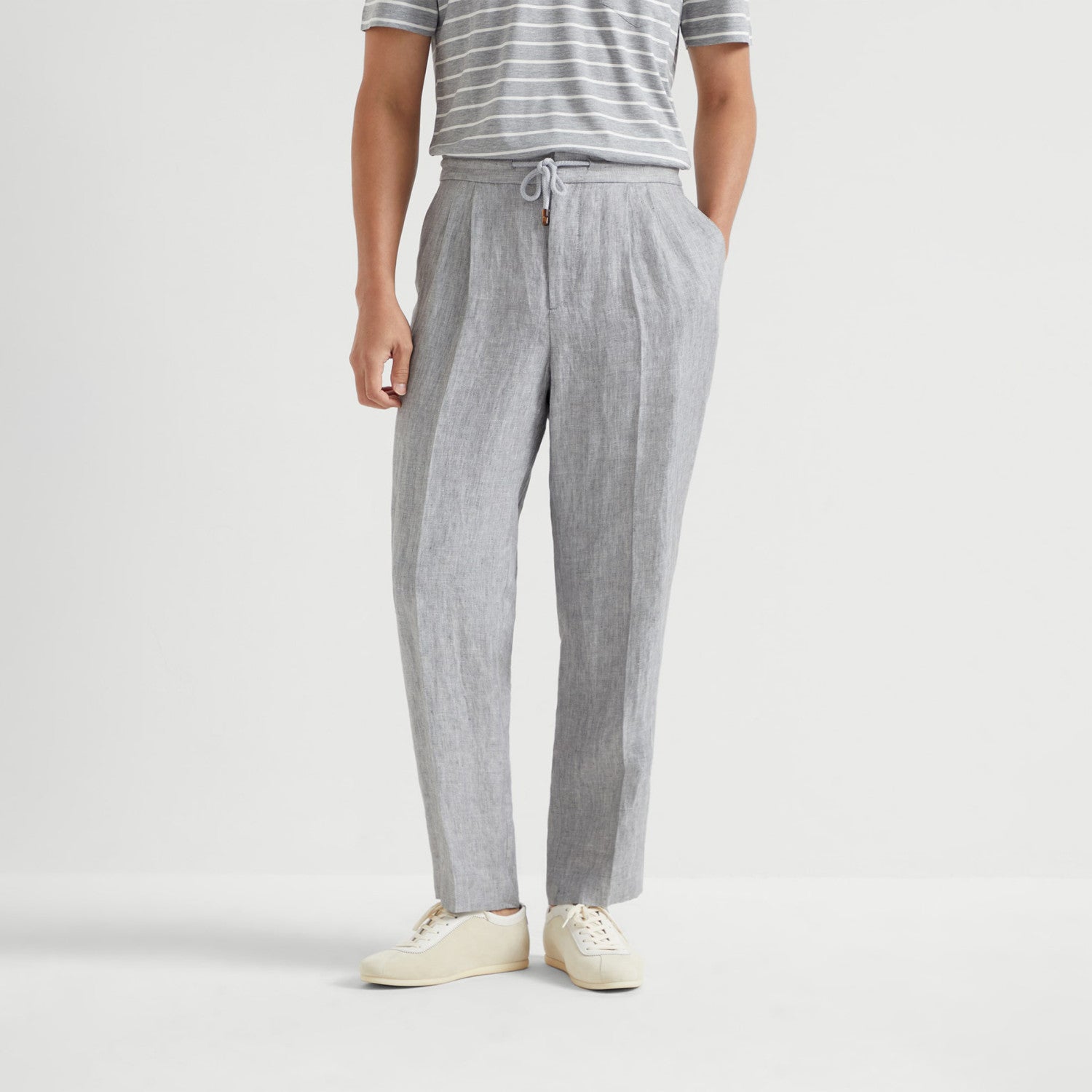 Brunello Cucinelli Men's Spring And Summer Tie Gray Linen Pants Fashion Trend Casual Comfortable Suit Pants Ngvp #1755