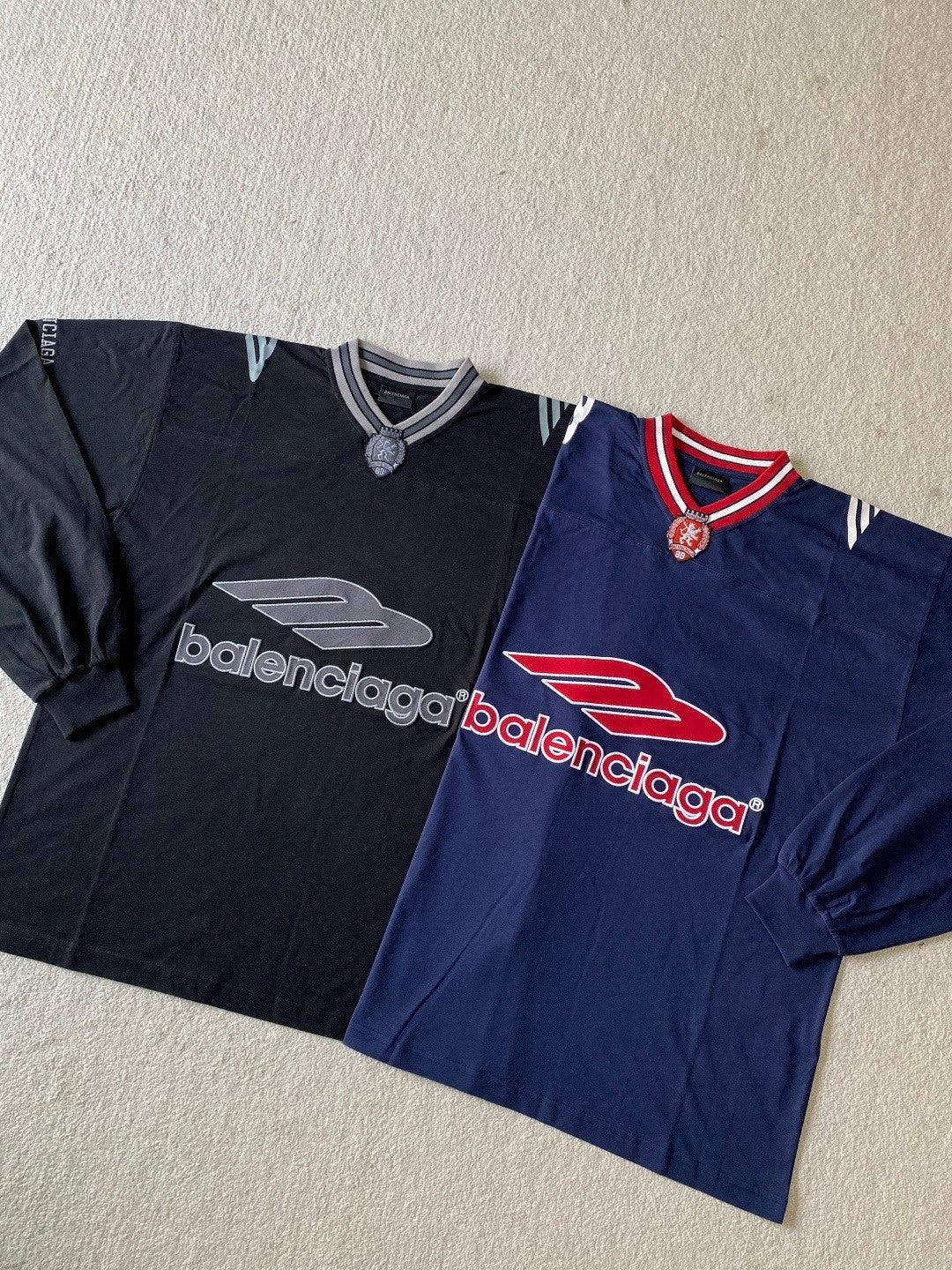 Balenciaga Men's 3b Football Long Sleeve V-neck T-shirt in Dark Navy red  #334654