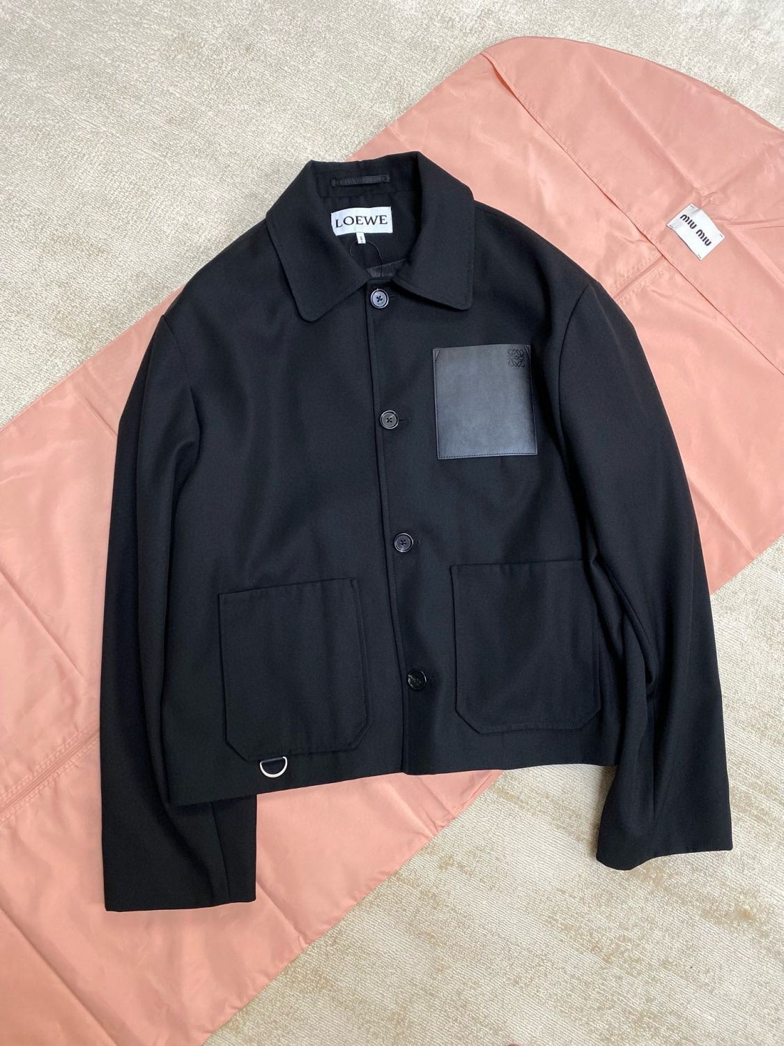 Men's Fall/Winter Logo Embossed Patch Pocket Wool Single Breasted Loose Long Sleeve Jacket #73439