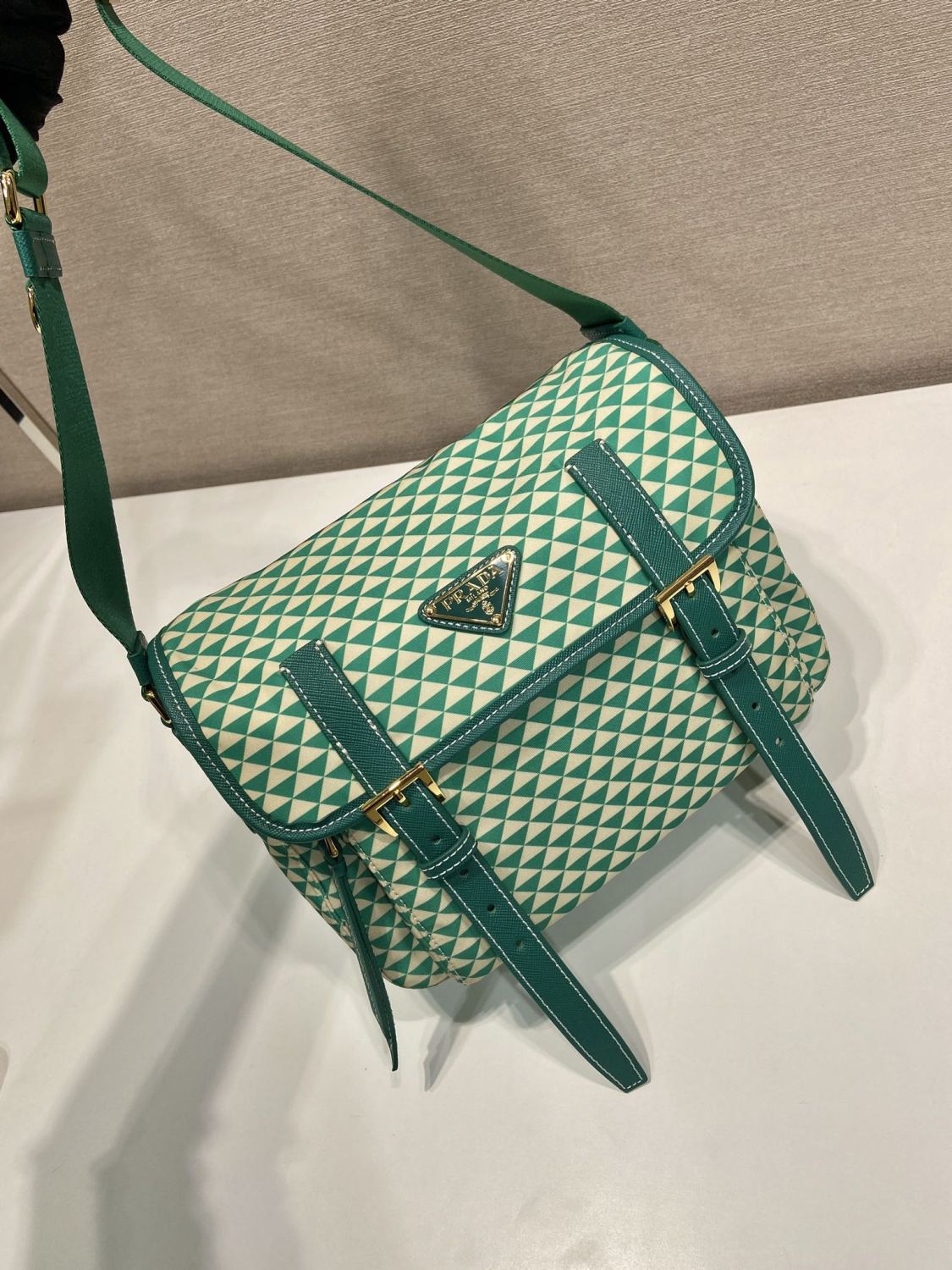 Prada Women's Monogram Printed Classic Triangle Logo Recycled Nylon with Cow Leather Shoulder Bag Bags #75665