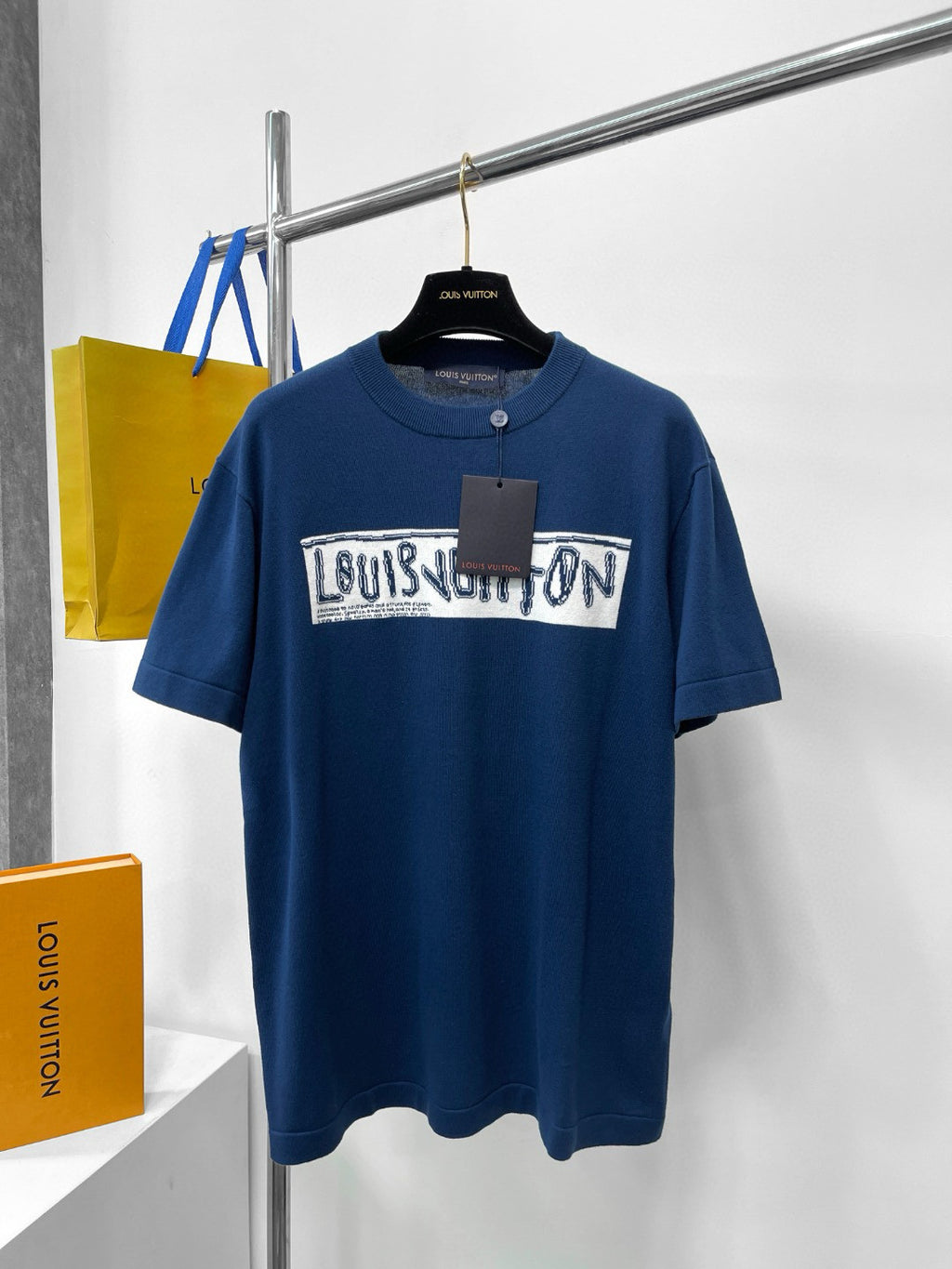 Louis Vuitton Men's Summer Blue Letter Print Round Neck Short-Sleeved Cotton Crewneck T-Shirt #97585