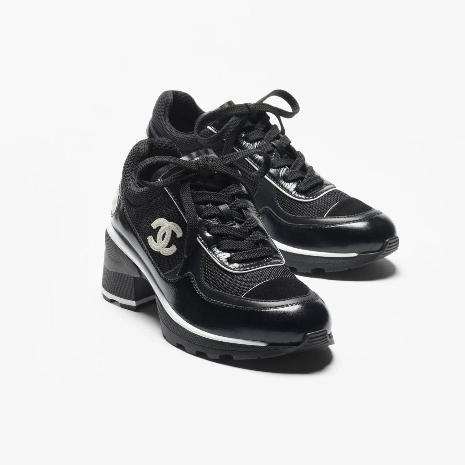 Chanel Women's Spring/fall Fashion Casual Round Toe Lace Up Chunky Heel Low Top Leather And Mesh Blend Sneakers Shoes #79316
