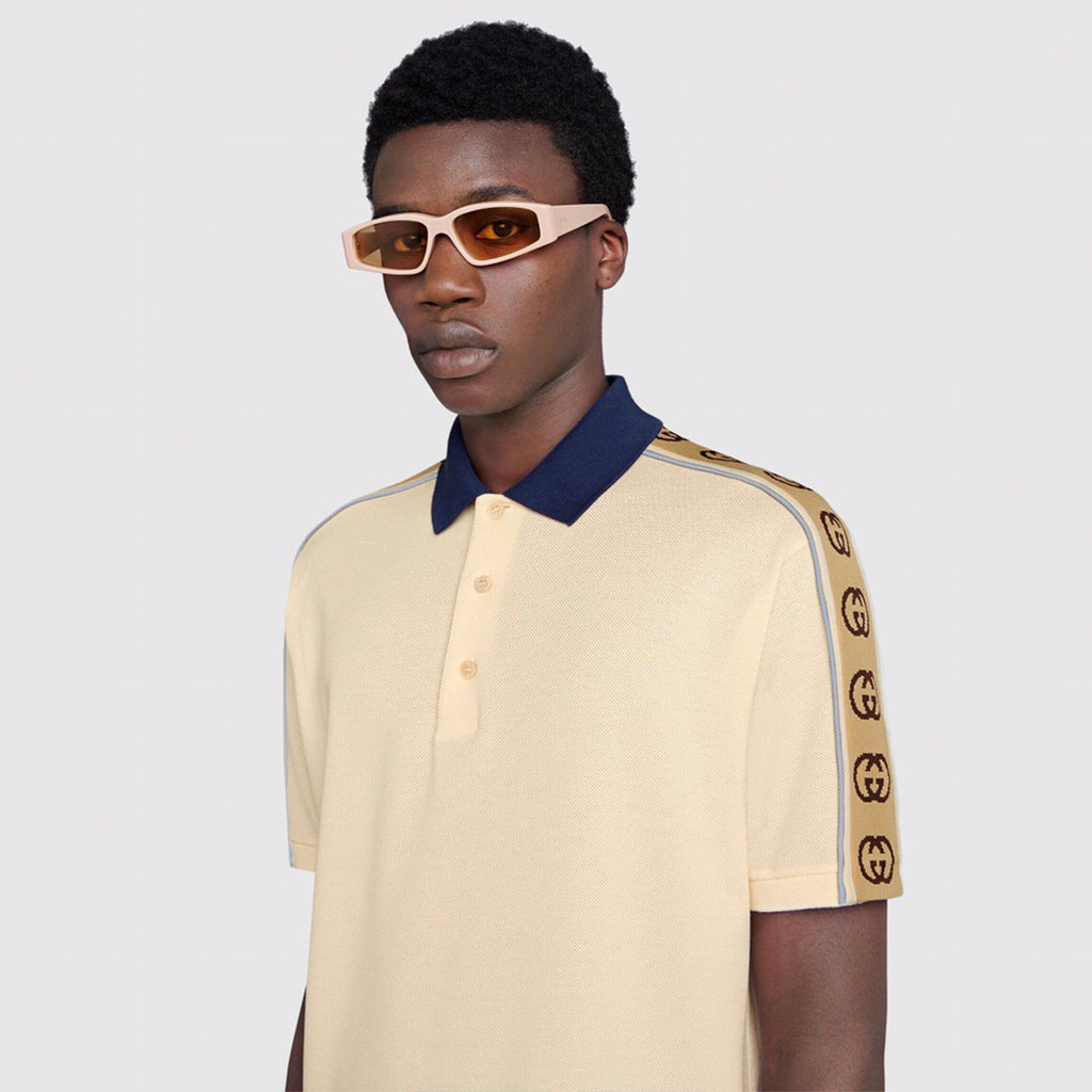 Gucci Men's Summer Double G Logo Striped Polo Shirt Color Block Button Cotton Casual Fit T-shirt #71282