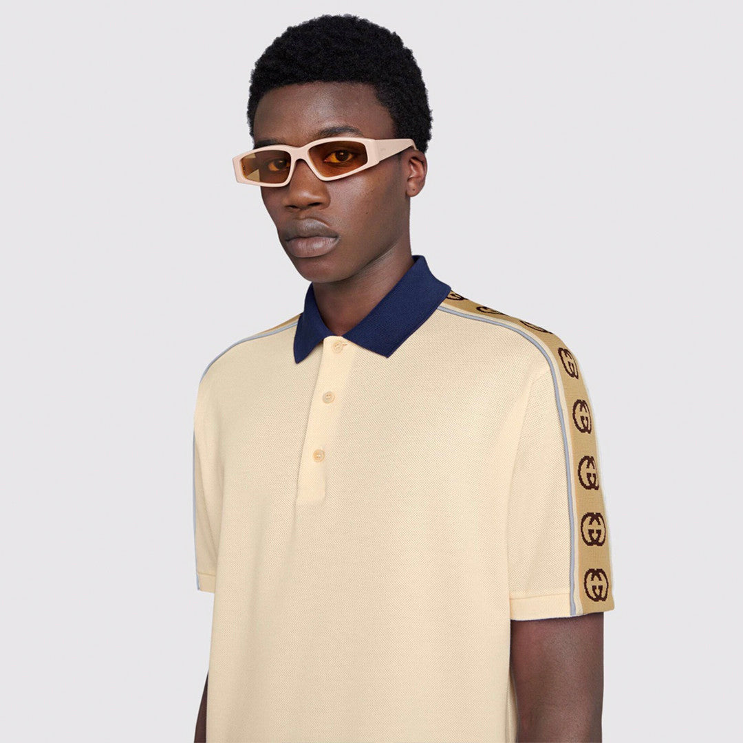 Gucci Men's Summer Double G Logo Striped Polo Shirt Color Block Button Cotton Casual Fit T-shirt #71282