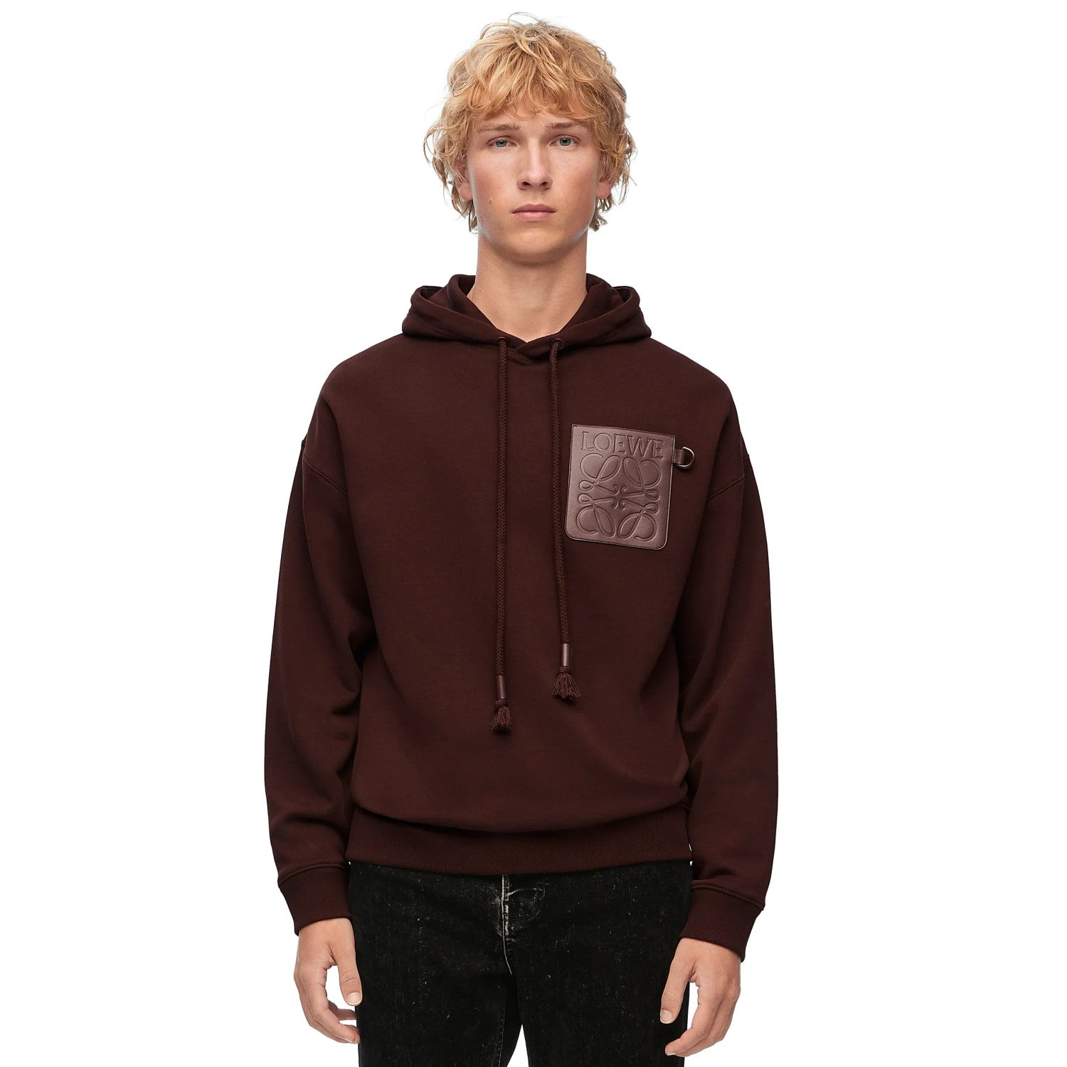 Loewe Men's Spring & Autumn Solid Color Logo Leather Label Drawstring Hooded Sweatshirt Pullover #98912