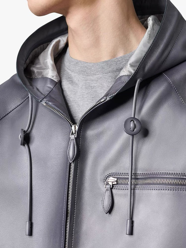Berluti Men's Autumn And Winter Fashion Solid Color Sheepskin Zipper Long Sleeve Casual Alternative Hooded Leather Jacket Ngvp #9183