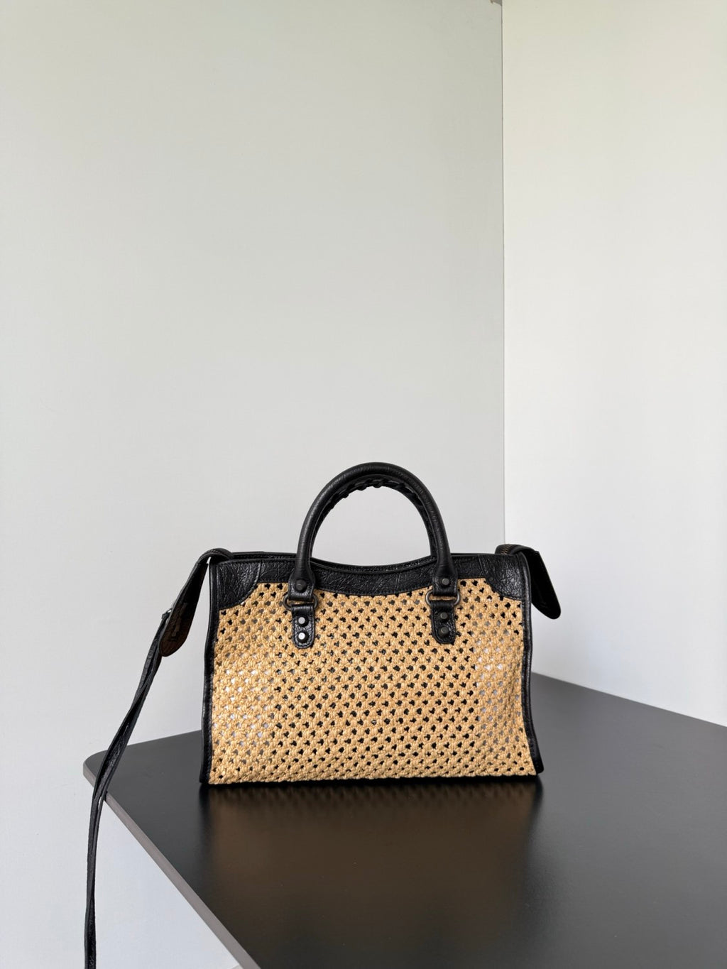 Balenciaga Le City Raffia-effect Fabric Small Handbag Black And White Fashionable Classic Handbag And Crossbody Bag Bags #84325A