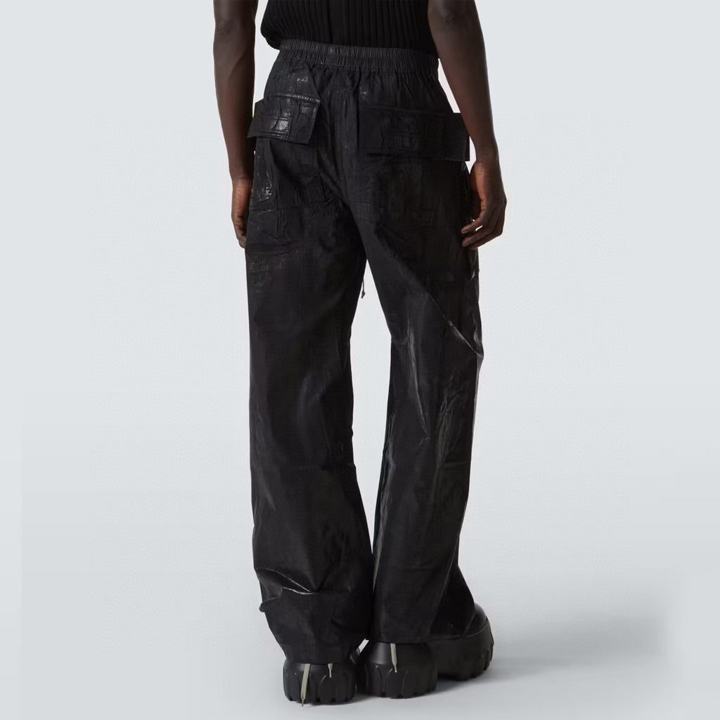 Rick Owens DRKSHDW Men's Spring Summer Waxed Double Loop Wide Leg Trousers Black High Street Shiny Loose Drawstring Straight Leg Trousers Drawstring Pants  Ngvp #1346