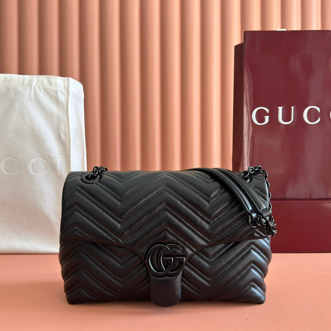 Gucci Gg Marmont Collection Handbag Soft Black Calfskin With Quilted V-shaped Napa Leather Double G Design Bag Bags #196672