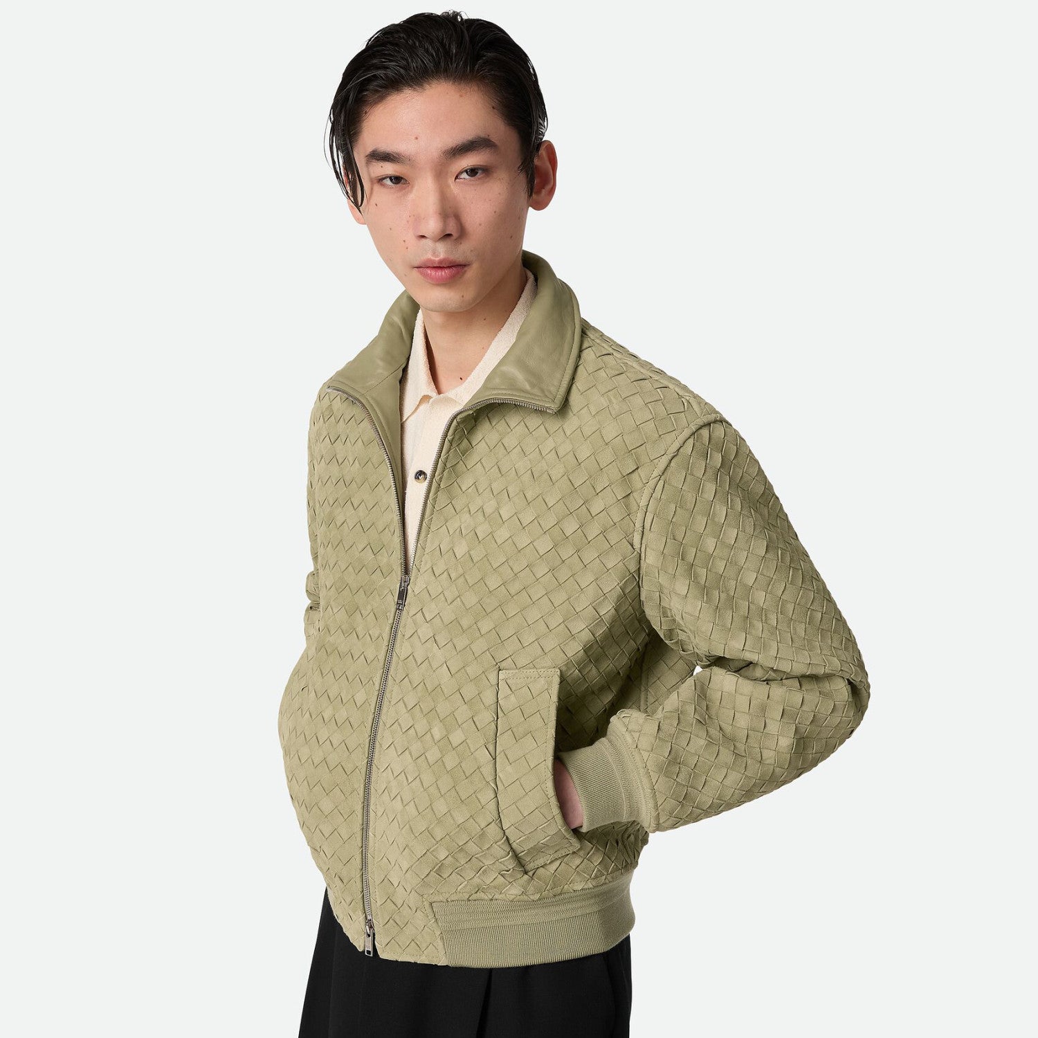 Bottega Veneta Men's And Women's Fall/Winter Fashion Casual Solid Color Hand Knitted Sheepskin Suede Zipper Jacket #78925