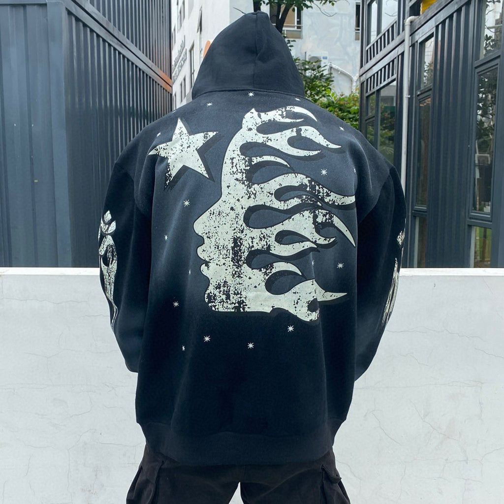 Hellstar Men's Spring and Autumn Solid Color Graffiti Washed High Street Padded Retro Hooded Long Sleeve Loose Sweats Ngvp #7498