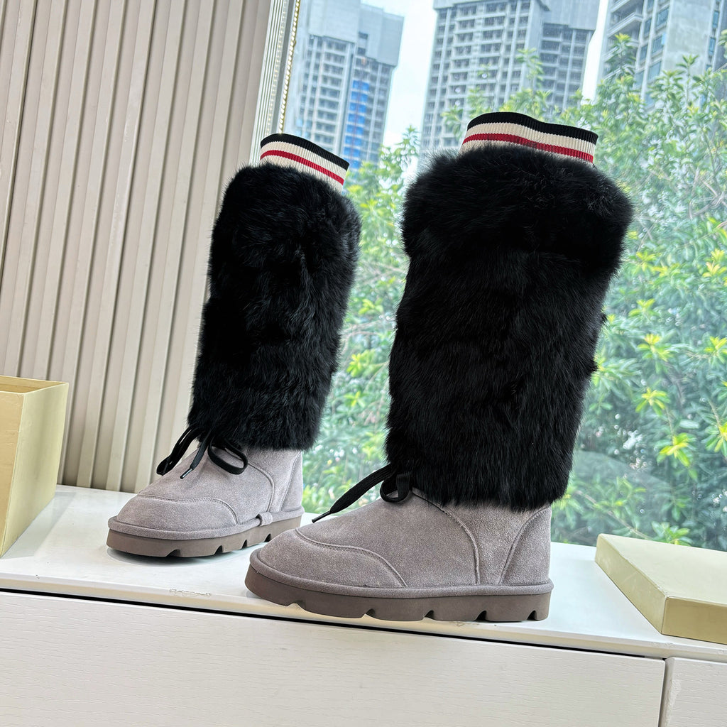 Brunello Cucinelli Women's Fall/Winter Suede Cowhide Rabbit Fur Round-Toe Zipper Lined Lamb Wool High-Top Boots Casual Solid-Color Snow Boots Shoes #81588