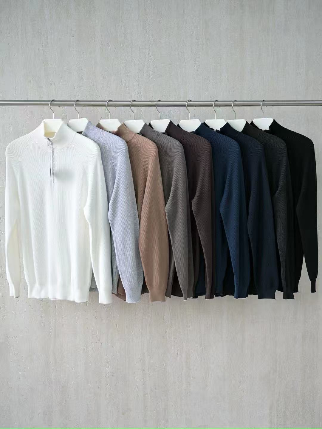 Brunello Cucinelli Men's British-Style Ribbed Cotton Knit Sweater Spring/Fall/Winter Half-Zip High-Neck Solid-Color Long-Sleeve Sweater Ngvp #2525