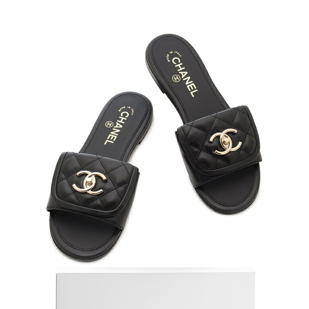 Chanel Women's Summer Sheepskin Low Heel Flat Slippers Pure Color Open Toe One Word Slippers Casual Loafers Leather Shoes #81351