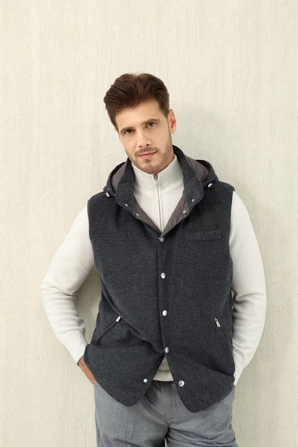 Brunello Cucinelli Men's Spring/Autumn Detachable Hooded Solid Color Single-Breasted Bonded Wool Flannel Down Vest Ngvp #2293