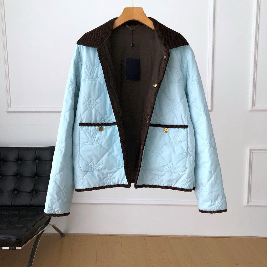 Louis Vuitton Men's Fall And Winter Light Blue Patchwork Fitted Lapel Single Breasted Long Sleeved Jacket #73568