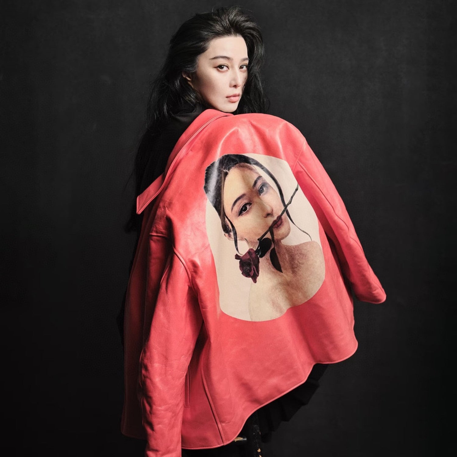 Yohji Yamamoto Pour Homme X Fan Bingbing Portrait Leather Jacket Men's Women's Autumn/winter Fashion Red Lapel Leather Zip Jacket Ngvp #9866