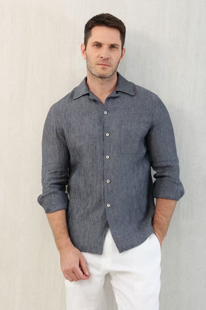 Brunello Cucinelli Men's Linen Easy Fit Shirt with Camp Collar and Chest Pocket Spring And Autumn Solid Color Long Sleeve Top Ngvp #1455