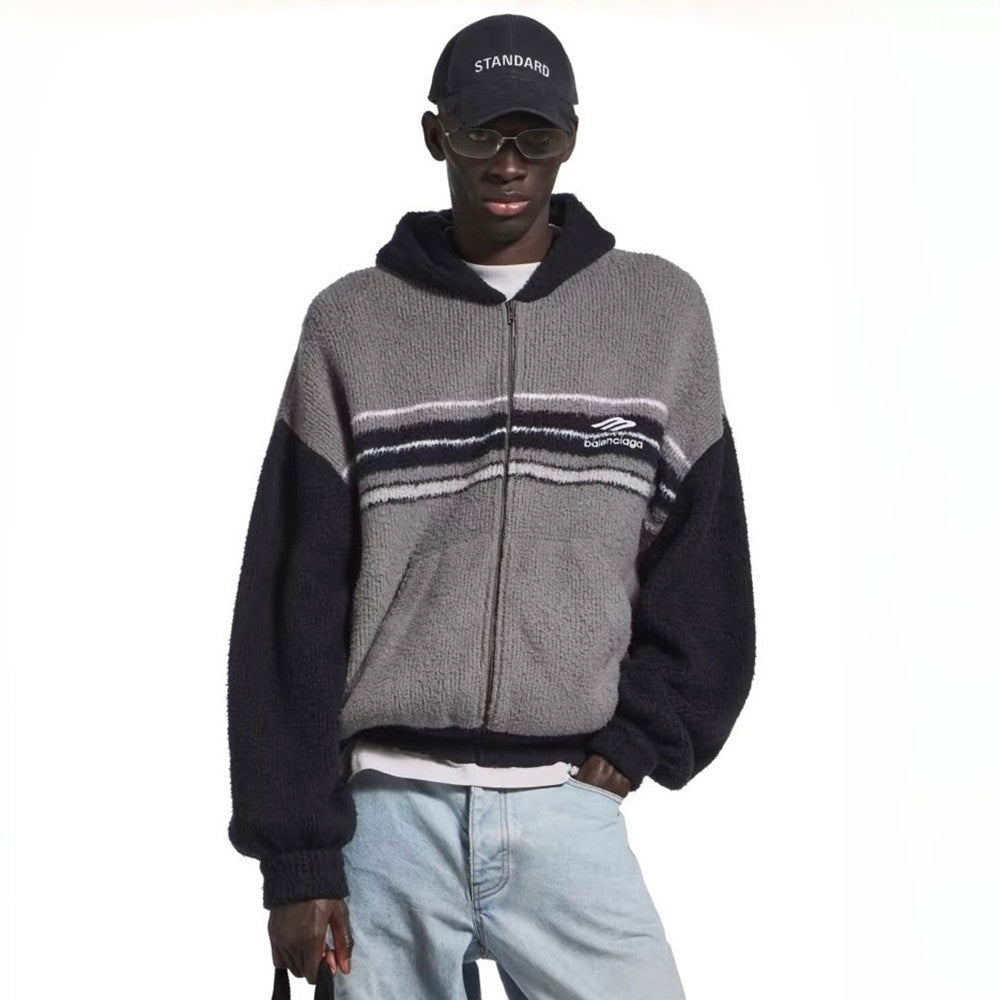 Balenciaga Men's Fluffy Zip-up Hoodie Grey Black White #335469