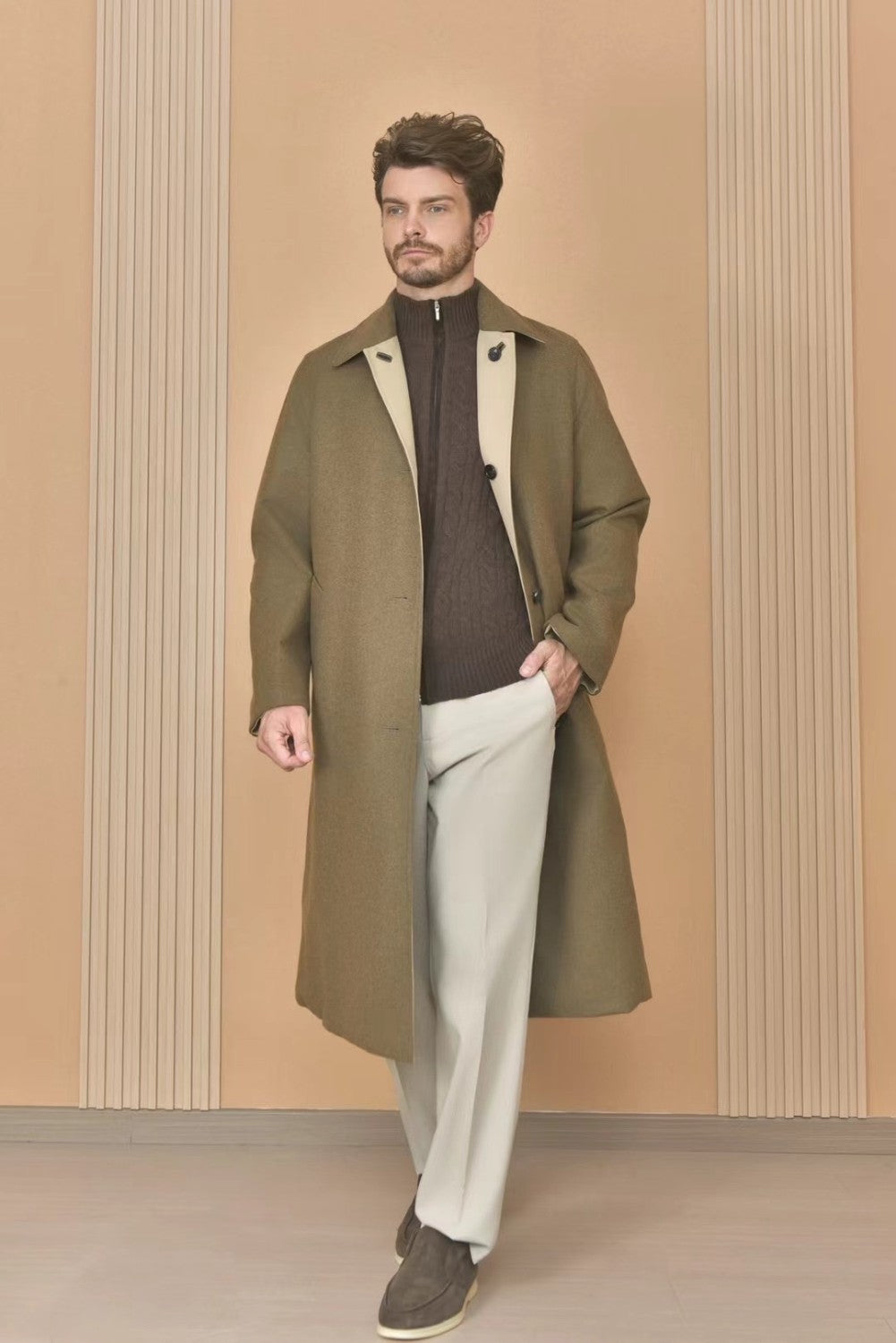 Loro Piana Men's Reversible Double-Faced Coat with Belt. Single-Button Lapel. Long Fit Jacket Ngvp #2336