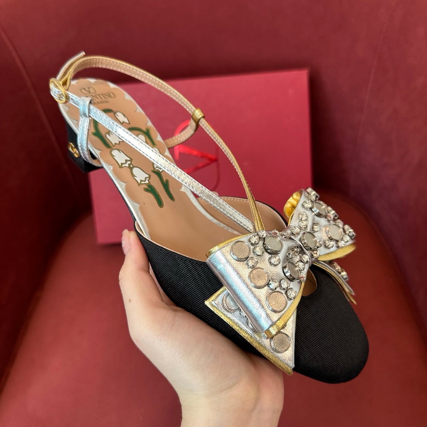 Valentino Bowow Women's Summer Round Toe Buckle Bow Shaped Chunky Heel 4.5cm High Heels Shoes #76981
