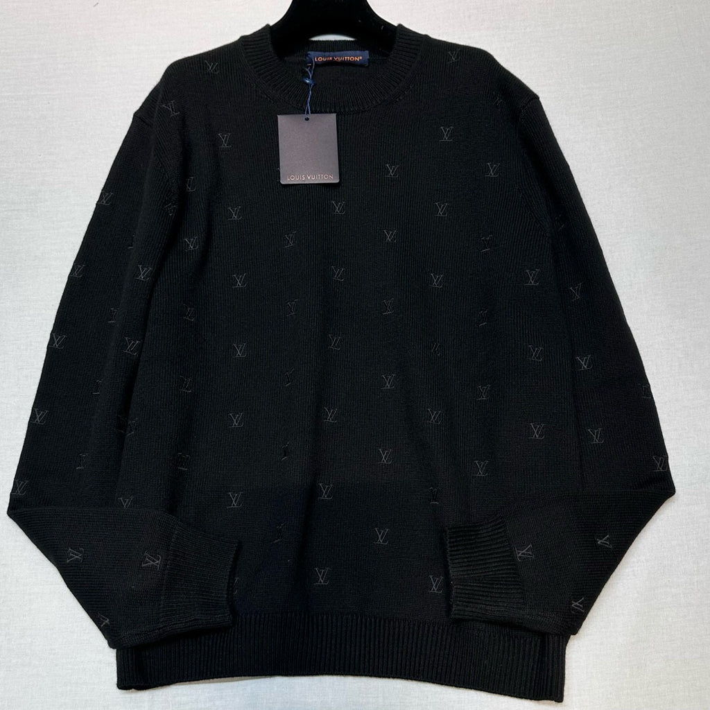 Louis Vuitton Men's Fall And Winter Black Long Sleeve Logo Embroidered Signature Merino Crewneck Sweater #98236