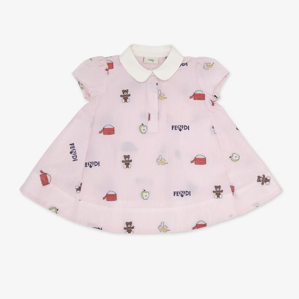 Fendi Kid's Spring And Summer Pink Letter Print Lapel Short-Sleeved Casual Dresses #31256
