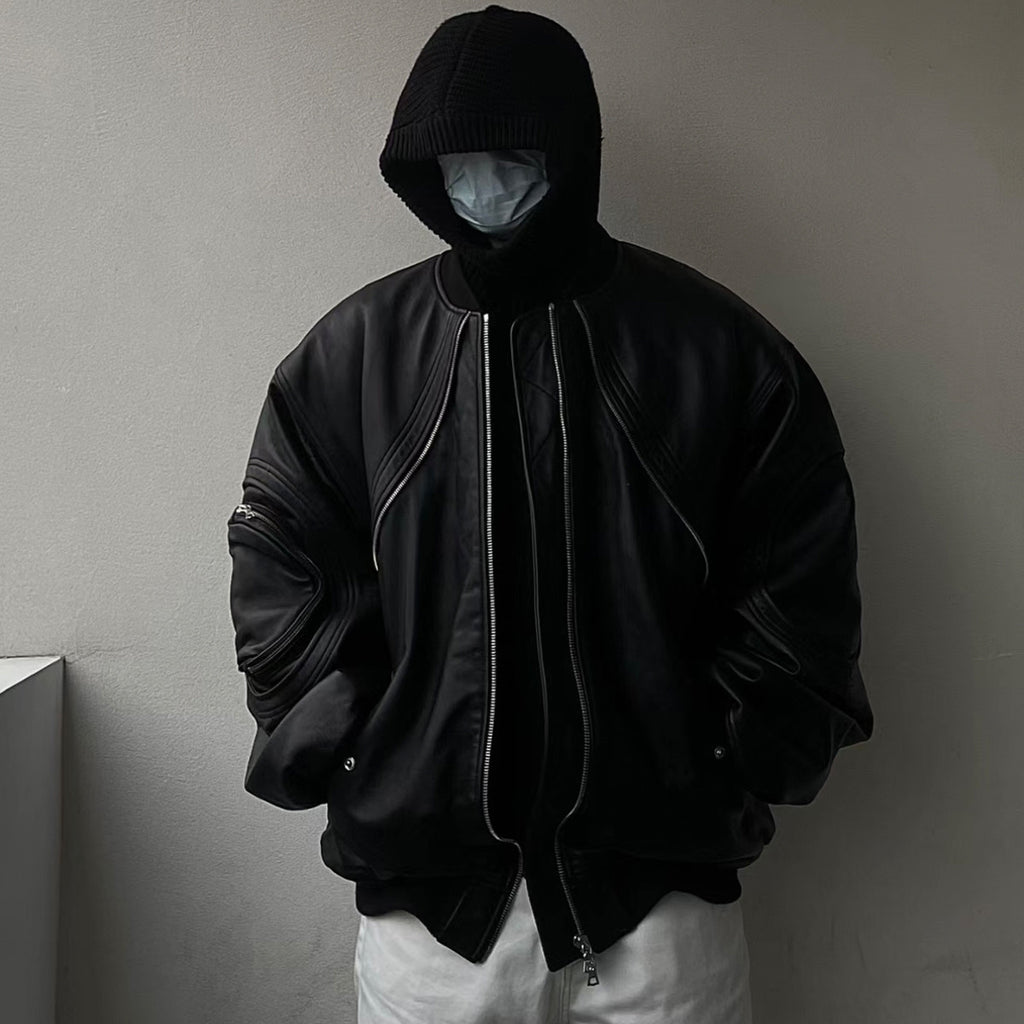 Far archive Autumn And Winter Black Men's Leather Jacket Zipper Fashion High Street Trend Zipper Pocket Jacket #81393